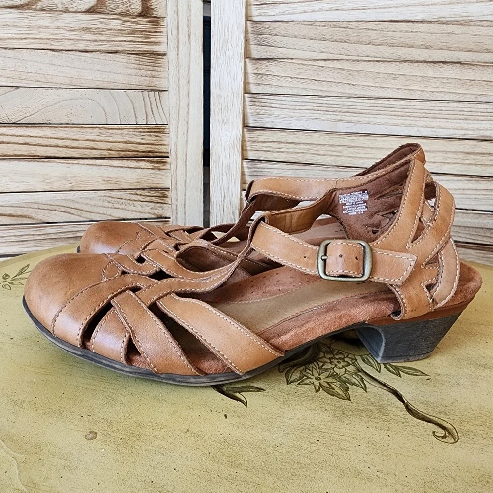Rockport Sz 10 Brown Leather Mary Jane T-Strap Wedge Sandals Cottagecore Girly